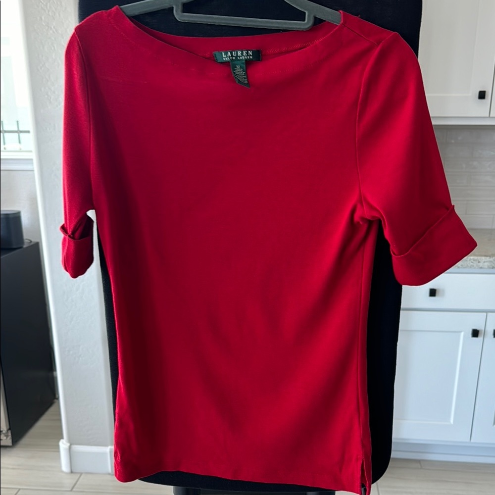 Lauren Ralph Lauren Women's Red Boatneck Top - Size Medium